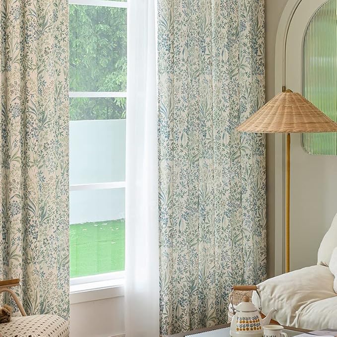Floral Farmhouse Curtains Semi-Blackout Living Room Drapes 63 Inch Length Cotton Linen Blend Bohemian Window Curtain Panels White Bedroom Drapes, 1 Panel (Grommet, 72" W x 63" L)