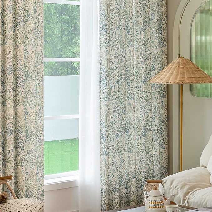 Floral Farmhouse Curtains Semi-Blackout Living Room Drapes 102 Inch Length Cotton Linen Blend Bohemian Window Curtain Panels White Bedroom Drapes, 1 Panel (Rod Pocket, 63" W x 102" L)