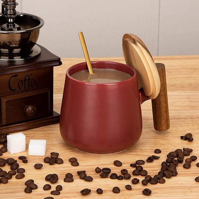 14 Oz Ceramic Coffee Mug with Lid and Coffee Spoon for Latte,Cappuccino Mug, Cocoa Mug, Tea Mug, Birthday Gifts for Women, 1 Pack (Matte Red)