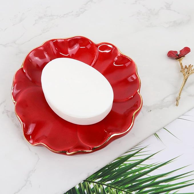 Ceramic Self Draining Soap Dish Red Hibiscus Flower Waterfall Soap Dish Soap Savers for Bathroom,Shower,Bar Counter