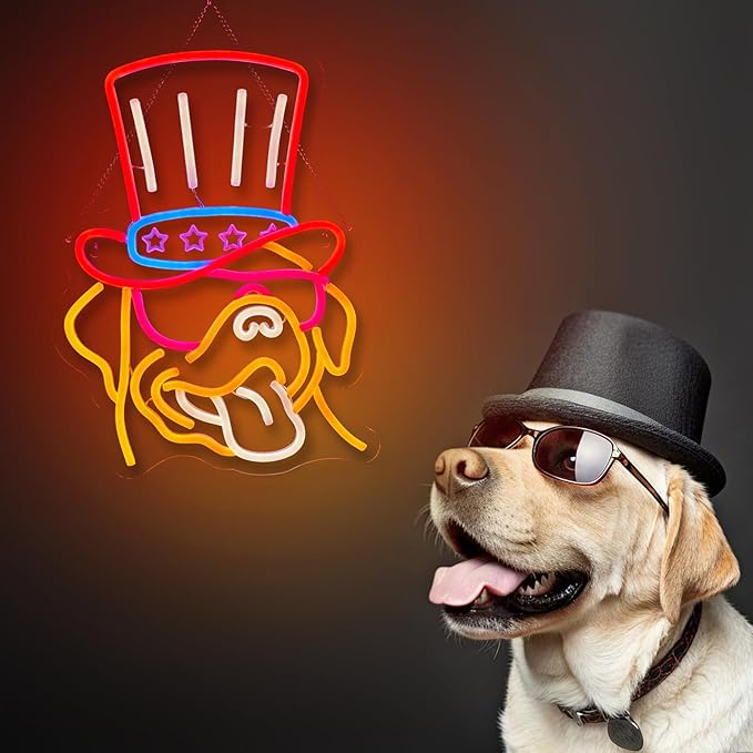 Top Hat Labrador Neon Sign Sunglasses Cute Dog Neon Sign for Wall Decor Cute Dog USB Dimmable LED Neon Lights for Bedroom Zoo Pet Shop Cat Cafe Decoration Gif for Teen Boys Girls Christmas