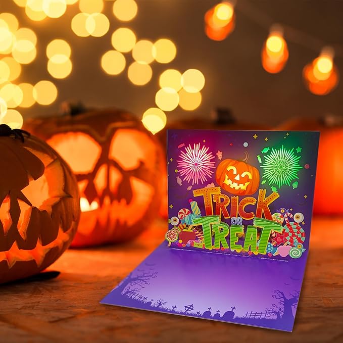 3D Pop Up Trick Or Treat Pumpkin Halloween Card, with light and music, For Kids, Friend, Boyfriend, Girlfriend, Husband, Him, Women - Skull, Ghost, Envelope