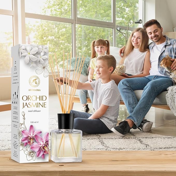 Reed Diffuser Orchid-Jasmine 3.4 Fl Oz - Fresh & Long Lasting Fragrance - Gift Set with 10 Bamboo Sticks - Good for Aromatherapy - Spa - Home - Kitchen - Bath - Office