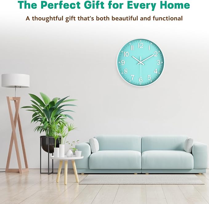 Modern Wall Clock Silent Non-Ticking – Coral Green Analog Wall Clock Battery Operated for Living Room, Kitchen, Bedroom, Office – Stylish Wall Decor for Home, 12 Inch