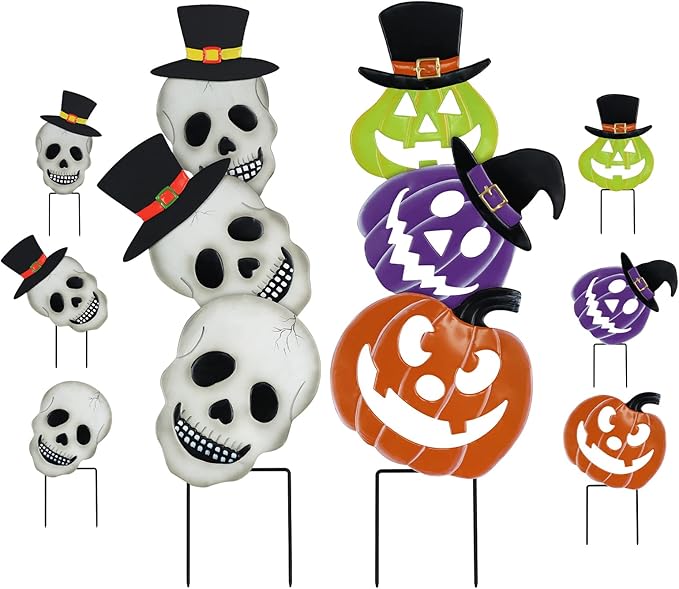 hogardeck Halloween Decorations Outdoor, 2PCS Stacked Skull Pumpkin Decorative Garden Stakes for Halloween Decor, Metal Yard Signs for Outside Garden Lawn Porch Party Decorations