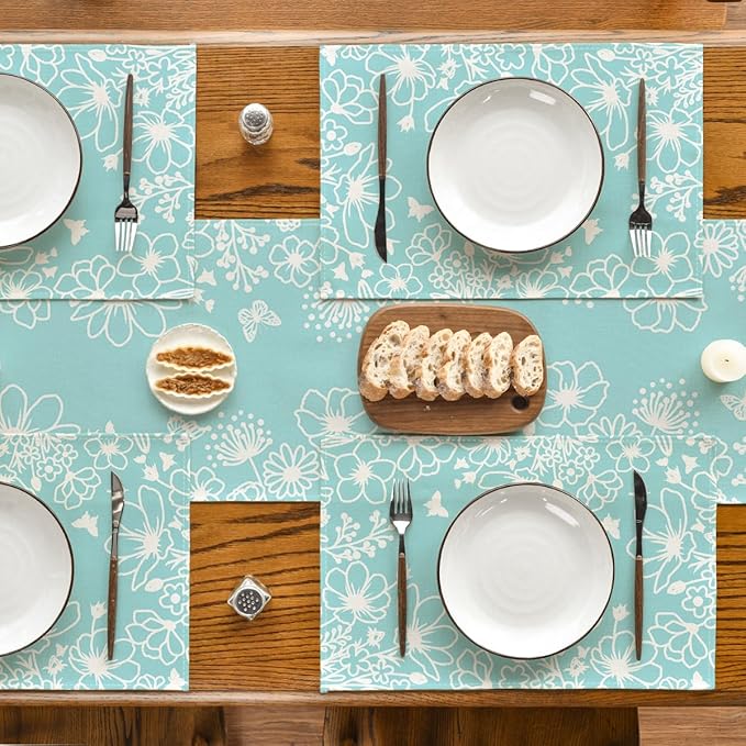 Artoid Mode Blue Bloom Flowers Summer Placemats Set of 4, 12x18 Inch Seasonal Spring Table Mats for Party Kitchen Dining Decoration