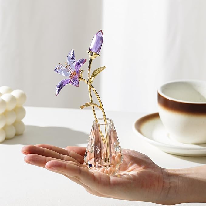 Crystal Lily Figurine, Glass Flowers with Stem,Flower Collectible Gifts for Woman, Wedding Party Decor(Purple)