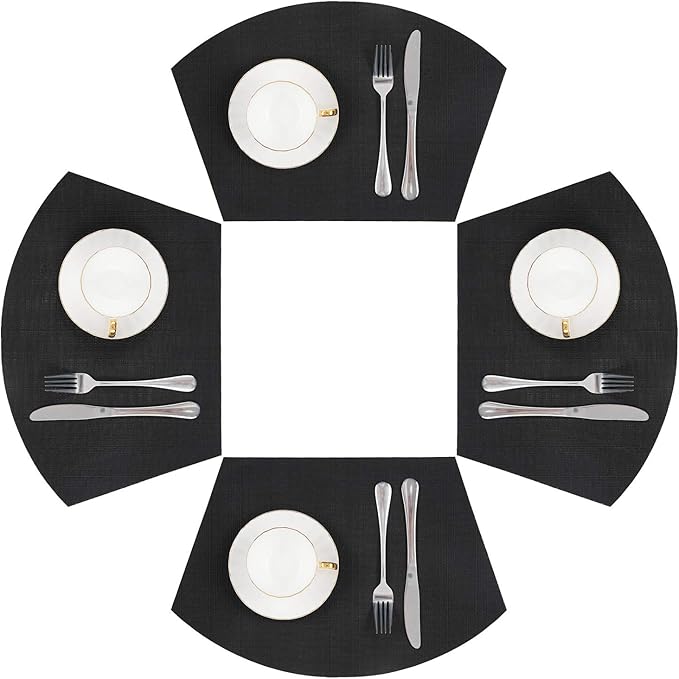 SHACOS Small Round Table Placemats Wedge Placemat Set of 4 Non Slip Heat Resistant Woven Vinyl Table Mats Wipe Clean Indoor Outdoor (4, Black)