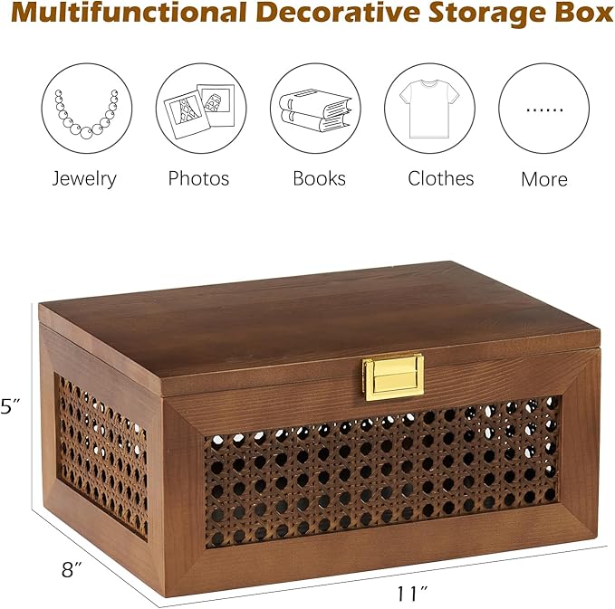 Decorative Rattan Storage Boxes Solid Wood Woven Baskets Bins with Lid Keepsake Memory Jewelry Box Natural Boho Shelf Wicker Closet Desk Organizer Container (Walnut Color, Large Size)