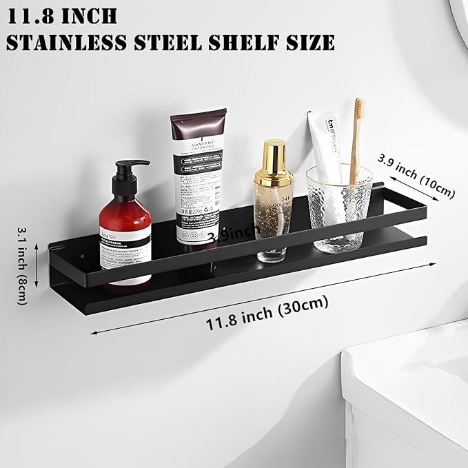 Floating Stainless Steel Shelves with Baking Paint Technique Rust Protection Nail-Free Wall Mounted Storage Shelves for Kitchen,Bathroom,Living Room,Office,Set of 1 Black