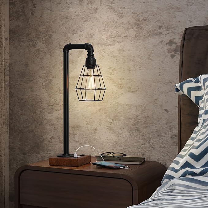 CADUKE Industrial Touch Control Table Lamp, LED Bulb Included, 3 Way Dimmble Lamp with 2 USB Ports and AC Outlet, Bedside Nightstand Desk Lamps with Metal Cage Shade for Bedroom Living Room Farmhouse