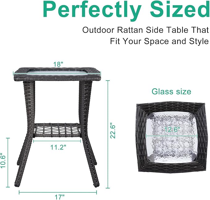 VINGLI Outdoor Side Table with Storage Wicker Patio Side Table, Tempered Glass Top End Table for Balcony Porch Deck (Grey)