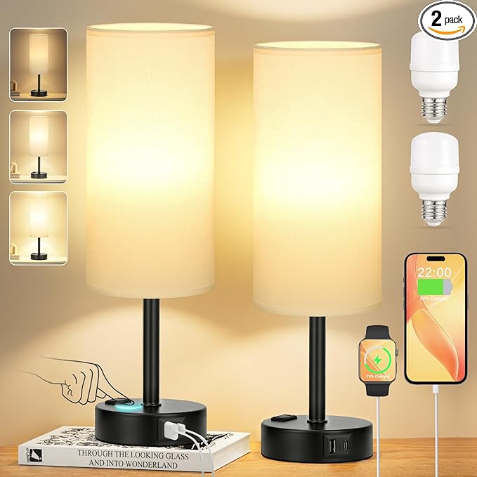 White Bedroom Lamps Set of 2-3 Way Dimmable Touch Table Lamps with USB C and A Ports, Bedside Lamps for Nightstand with AC Outlet, Small Desk Lamps with Black Base for Office Hotel