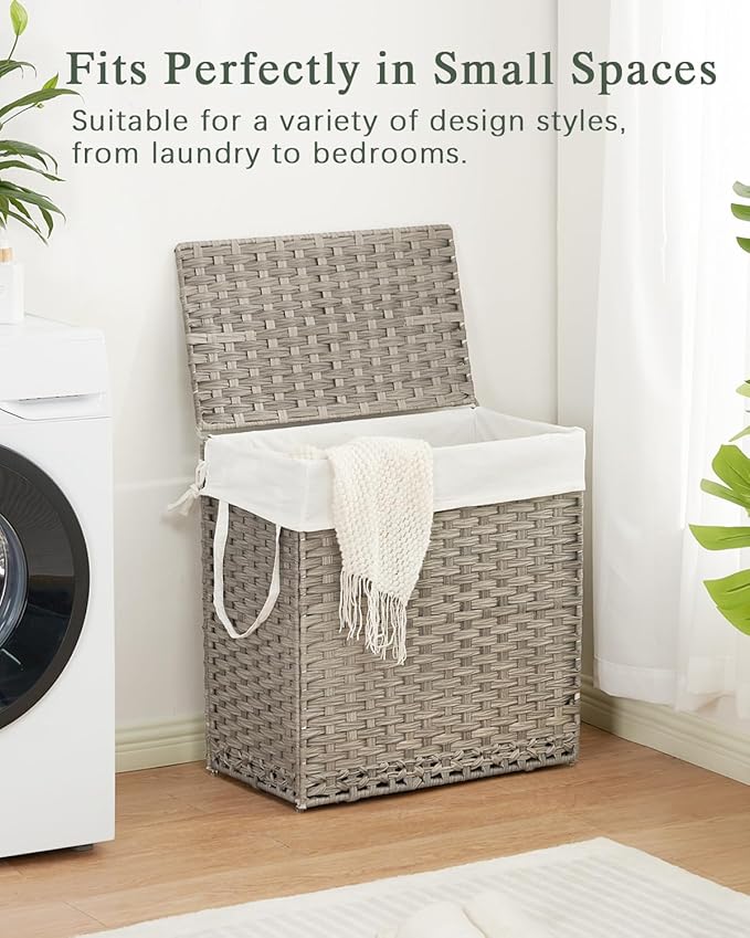 Laundry Hamper with Lid Wicker Laundry Basket 112 L (29.6 Gal) Laundry Hampers Handwoven Rattan Clothes Hamper with Handles 3 Removable Liner Bag, 6 Mesh Bags for Bathroom Bedroom Gray