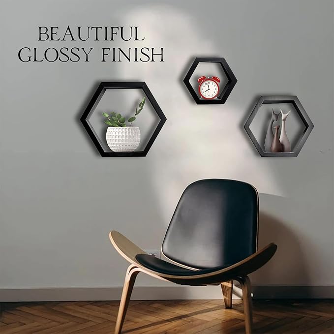 DD DEFINED DECO Set of 3 Pine Wood Hexagon Shelves for Wall Decor,Wall Mounted Floating Shelves,Farmhouse Honeycomb Living Room,Hanging Rustic Shelf Racks Bedroom,Nursery, Black, (B2C230007-3SET)
