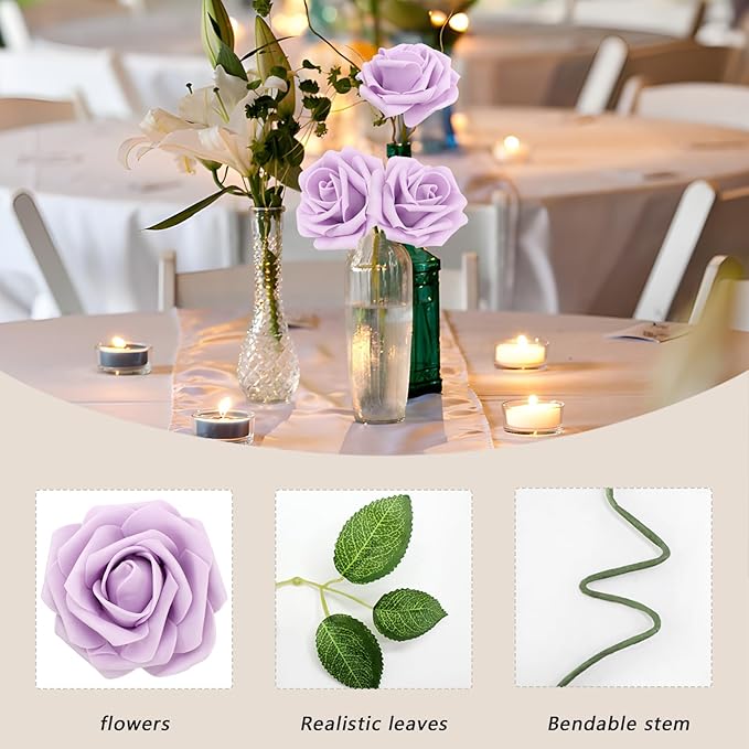 100PCS Light Purple Artificial Flowers Roses Real Looking Foam Fake Roses with Leaves for DIY Wedding Bouquets Bridal Shower Party Decorations (Lilac, 100)
