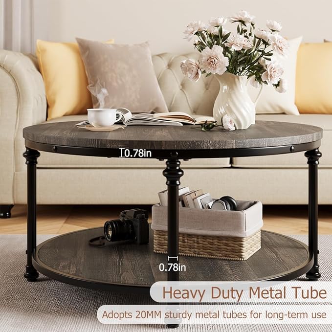 IDEALHOUSE Round Coffee Table for Living Room Rustic Center Table with Storage Shelf Wood Circle Coffee Table with Sturdy Metal Legs, Easy Assembly