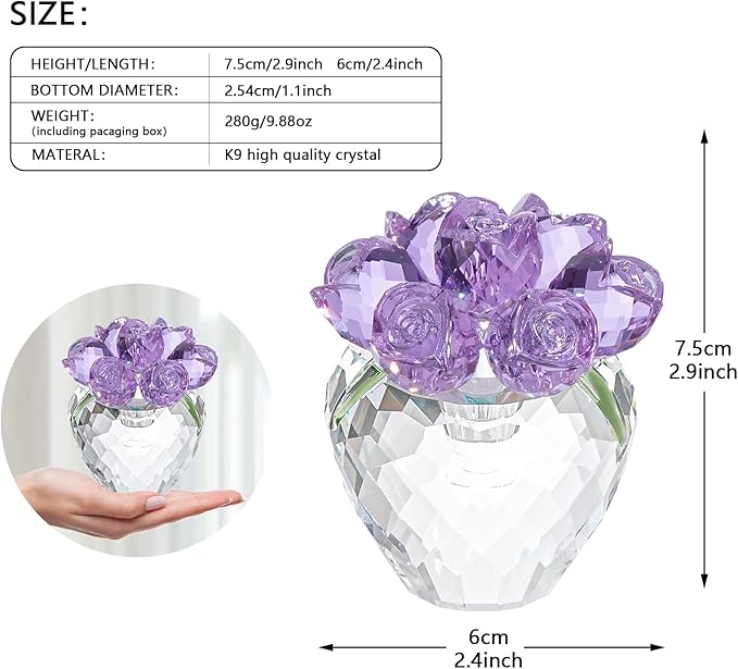 Crystal Flower Figurines - Glass Rose Home Decor - Flower Bouquet for Ladies Gifts(Purple)