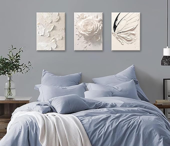 JiazuGo White Pink Butterfly Wall Decor - Modren Butterfly Flower Nursery Canvas Wall Art Contemporary Abstract Art Oil Painting Prints Bathroom Bedroom Home Decorations 12" X 16" X 3 Pieces