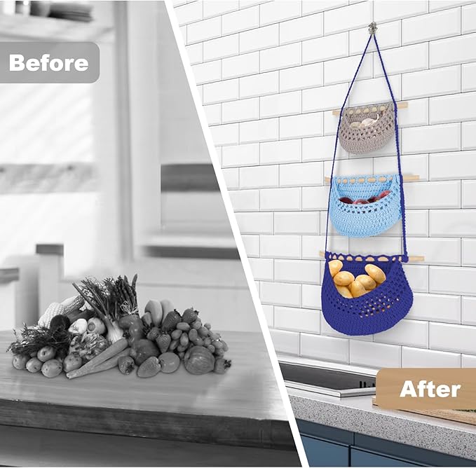 Hanging Baskets for Organizing, 3 Tier Detachable Wall Hanging Fruit Basket Over the Door Organizer for Vegetable Plant, Gray Blue Boho Crocheted Cotton Fruit Holder for Kitchen Bathroom Bedroom