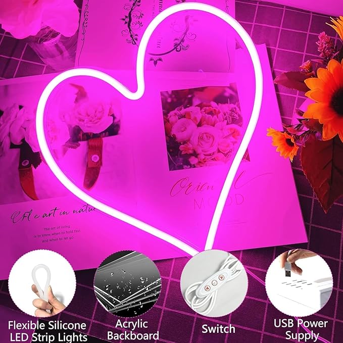 Pink Heart Neon Light, LED Heart Sign 13.413 Inch Dimmable USB Powered Romantic Bedroom Valentine's Kids Room Wedding Party Decor