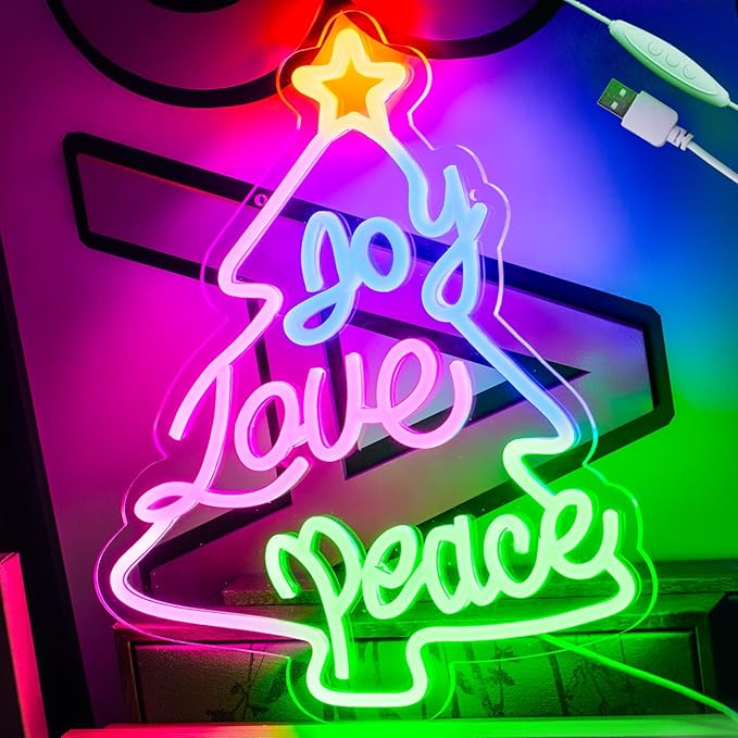 KHK JOY LOVE PEACE Neon Sign CHRISTMAS TREES Led Neon Pink Lights for Bedroom Led Sign USB Powered for Wall Decor Dimmable for Christmas Thanksgiving Birthday Party Girls Gifts