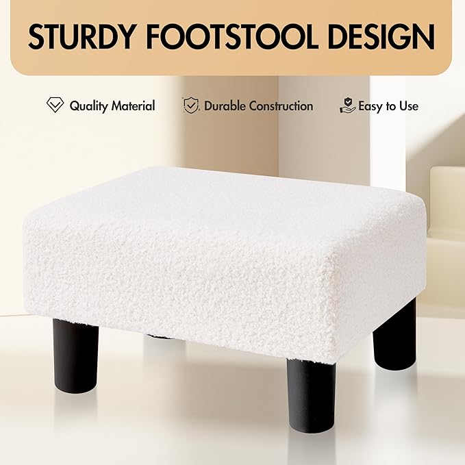 BRIAN & DANY Small Foot Stool Ottoman, Footstool with Legs, Teddy Velvet Foot Rest for Living Room, Bedroom and Office, White