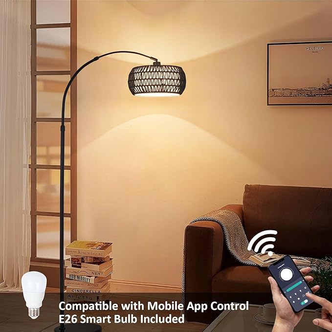 Arc Floor Lamp with Remote App Control Natural Rattan 100% Hand-Woven Dimmable Boho Rattan Floor Lamps with 3 Color Temperature Floor Lamps for Living Room Bedroom Offices(Black)