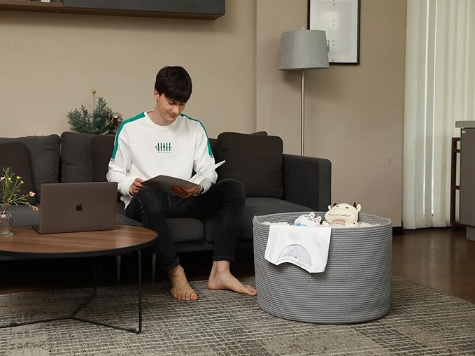 24" x 24" x 17" Max Size Large Cotton Rope Basket, Extra Large Storage Basket, Woven Laundry Hamper, Cloth Storage Bin, for Blankets Clothes Towels Pillows in Living Room, Full Grey