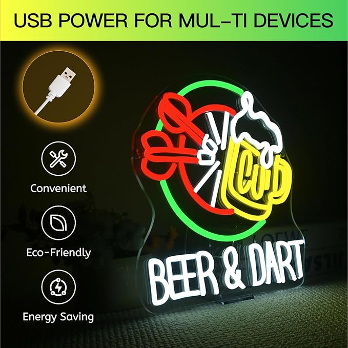 Beer & Dart Neon Sign – Fun Bar Wall Light with Dartboard and Beer Mug Design – 13"x12.6" LED Decor for Game Room, Pub, or Man Cave, USB Powered, 5V/2A,Dimmable