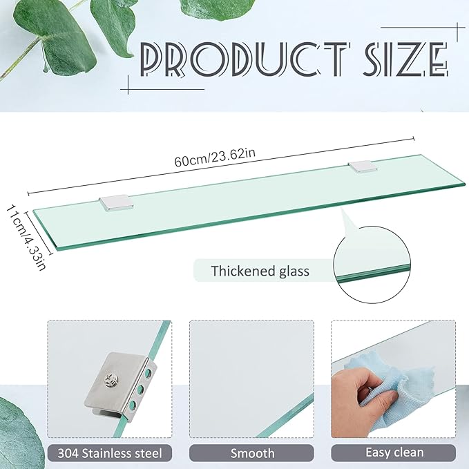 Tatuo 2 Pieces Bathroom Shelf Tempered Glass Shelf for Bathroom, 304 Stainless Steel Wall Mount Floating Glass Shelves (23.6 Inch)