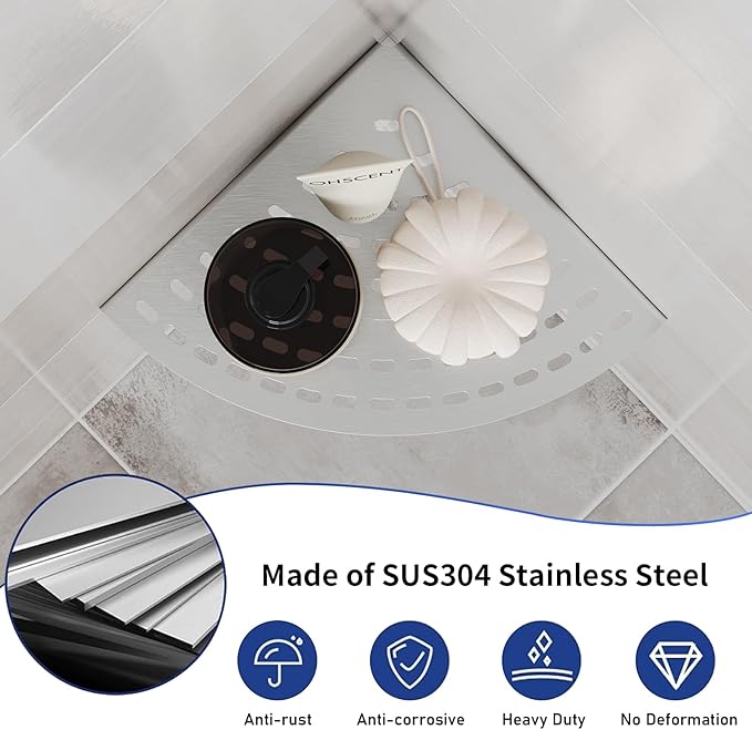 Corner Shower Shelves 304 Stainless Steel Brushed Nickel Shower Corner Shelf 8in Shower Shelves Drilling Installation Strong Load-Bearing Capacity