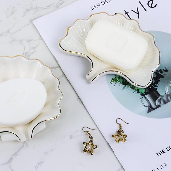 Ginkgo Leaf Style Ceramic Self Draining Soap Dish Waterfall Soap Dish Soap Savers for Bathroom,Shower,Bar Counter