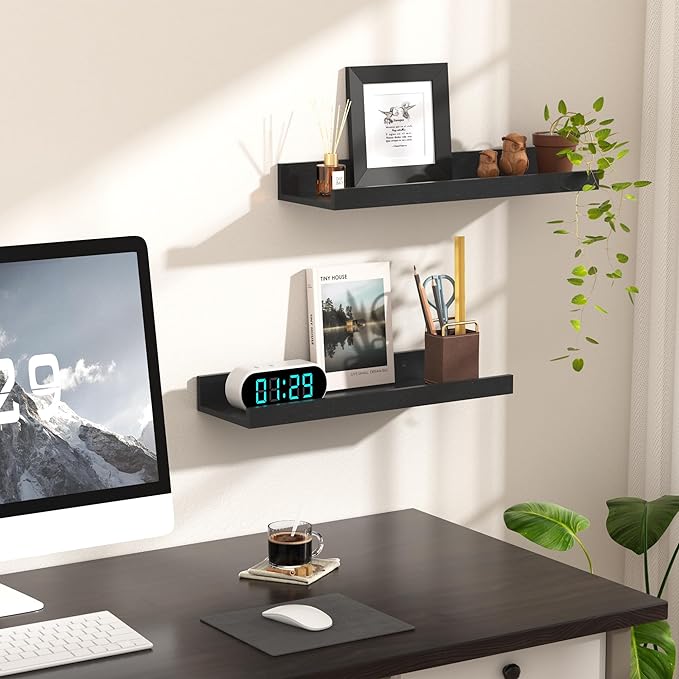 upsimples Floating Shelves for Wall, Wall Shelves for Decor Storage Set of 6, Wall Mounted Wood Shelves for Bedroom, Living Room, Bathroom, Kitchen, Picture Ledge Shelves, Black