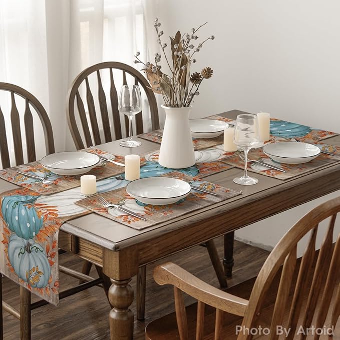 Artoid Mode Blue Pumpkin Wood Grain Fall Placemats Set of 4, 12x18 Inch Seasonal Thanksgiving Holiday Table Mats for Party Kitchen Dining Decoration