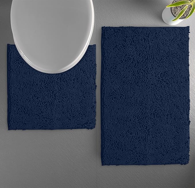 LuxUrux Bathroom Rugs Sets 2 Piece: Quick Dry, Soft Plush Anti-Slip, Super Absorbent. Includes Rectangular (31x20 inches) & U-Shaped Toilet Mat (20x20 inches) | Navy