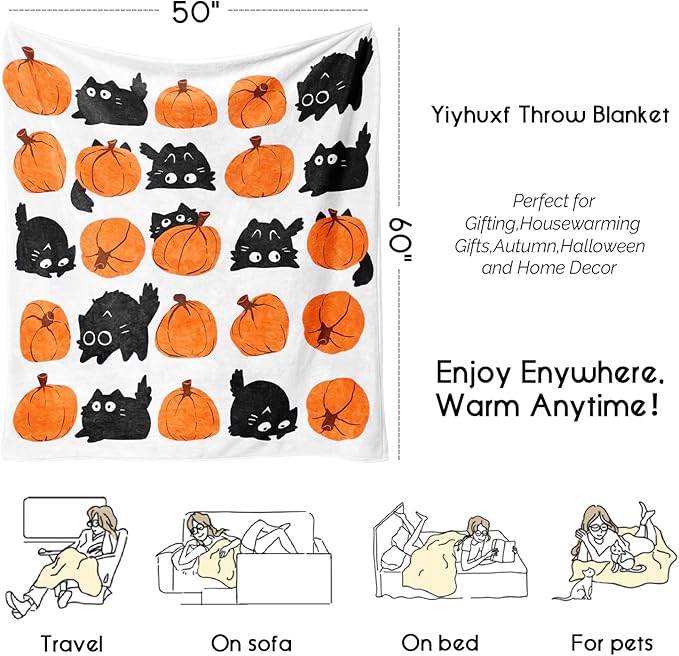 Halloween Blanket,Fall Halloween Black Cats Pumpkins Fleece Blankets, for Women Flannel Throw Blanket for Home Living Room Couch Bed Chair or Dorm Decor 60"x50"