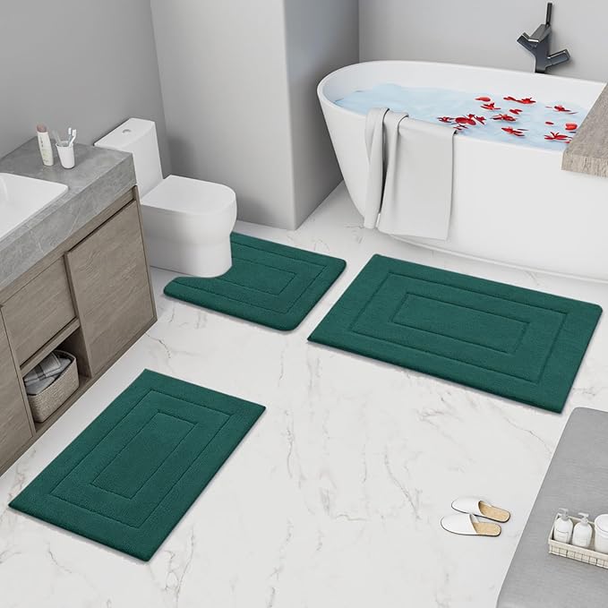 Buganda Bathroom Rugs, 30" x 20", Soft and Absorbent Microfiber Bath Rugs, Non-Slip Shaggy Shower Carpet, Machine Wash Dry Bath Mats for Bathroom Floor, Tub and Shower, Dark Green