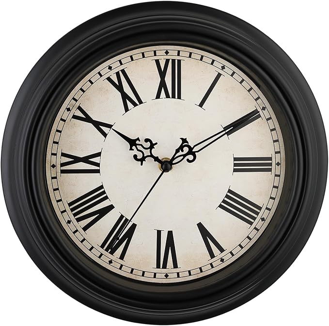 Plumeet Retro Wall Clock, 12'' Non Ticking Classic Silent Vintage Wall Clocks Decorative Kitchen Living Room Bedroom, Roman Numerals, Battery Operated, Black