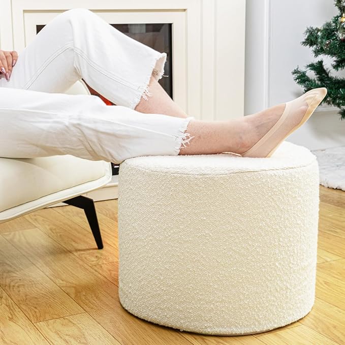 Asuprui Supportive Boucle Pouf Ottoman Foot Rest Elevate Your Living Room Decor with Lightweight Pouf Filler Modern Foam Stuffed Poof Perfect to Rest Your Feet White