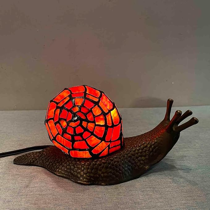 Bieye L10989 Land Snail Tiffany Style Stained Glass Accent Table Lamp for Home Decor (Red, 10" D x 5" W x 5" H)