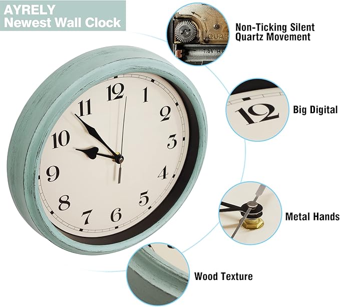 AYRELY® Decorative Vintage Wall Clock - 11Inch Silent Non-Ticking Clocks Battery Operated - Classic Decor for Living Room, Farmhouse, Kitchen, Bedroom, Bathroom (Classic Blue)