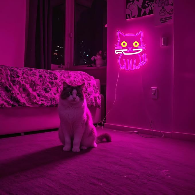 Cat Neon Sign for Wall Decor,Dimmable Cute Cat with Knife Neon Light,Funny Pink Animal Light Up Signs for Bedroom Party Bar Background Decoration