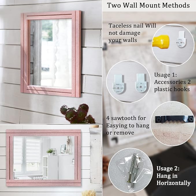 AAZZKANG Rectangle Mirror with Wood Framed Modern Farmhouse Hanging Wall Mirrors Decor for Bedroom Bathroom Living Room Home Entryway Large 20"x16"