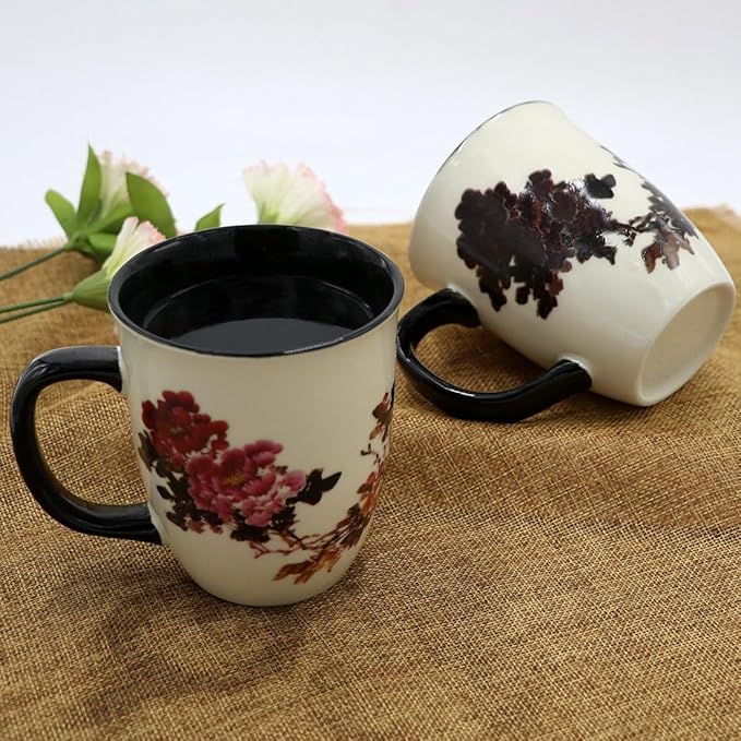 Heat Changing Magic Porcelain Coffee Mug for Mom Gifts Funny Tea Mug 16 oz Black Change into Multi Color Peony Painting
