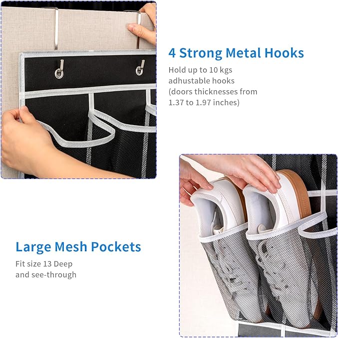 35 Pockets Over the Door Shoe Organizer, Hanging Shoe Organizer for Door with 35 Mesh Pockets Large Capacity Shoe Hanging Storage Bag with 4 Metal Hooks (Black-1Pack)