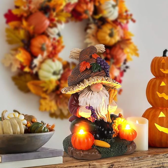 Thanksgiving Decor Fall Gnome Sculpture with Pumpkin Candle Hand-Painted Autumn Harvest Centerpiece for Home Fall Harvest Table Decor For Home Office Shelf Kitchen - Thanksgiving Autumn Gift