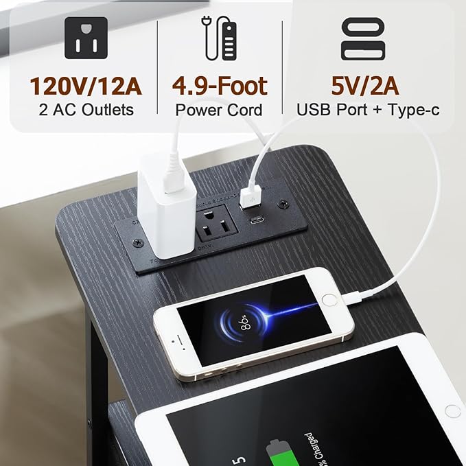 Narrow End Tables Living Room Set of 2 with Charging Station, Skinny Side Table with Fabric Drawers, Slim Nightstand for Bedroom, Small Spaces, Couch, Black, HETNDP03BK