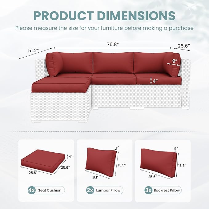 UDPATIO Outdoor Cushions for Patio Furniture with 5 Pillows, Waterproof Patio Furniture Cushions Replacement, 4" Deep Seat Outdoor Sectional Cushion for 4-seat Sofa Couch, Red