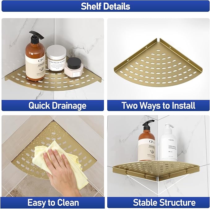 Corner Shower Shelves 304 Stainless Steel Brushed Gold 8in Corner Shower Shelf Drilling Installation Strong Load-Bearing Capacity